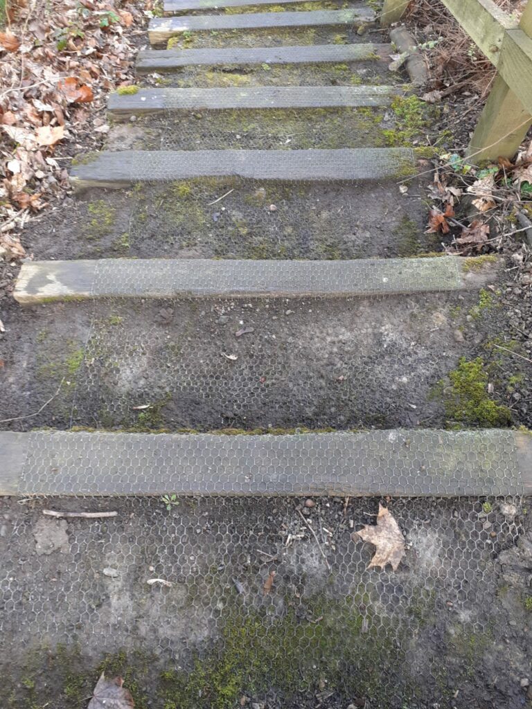 A series of mesh-covered steps, freshly cleaned