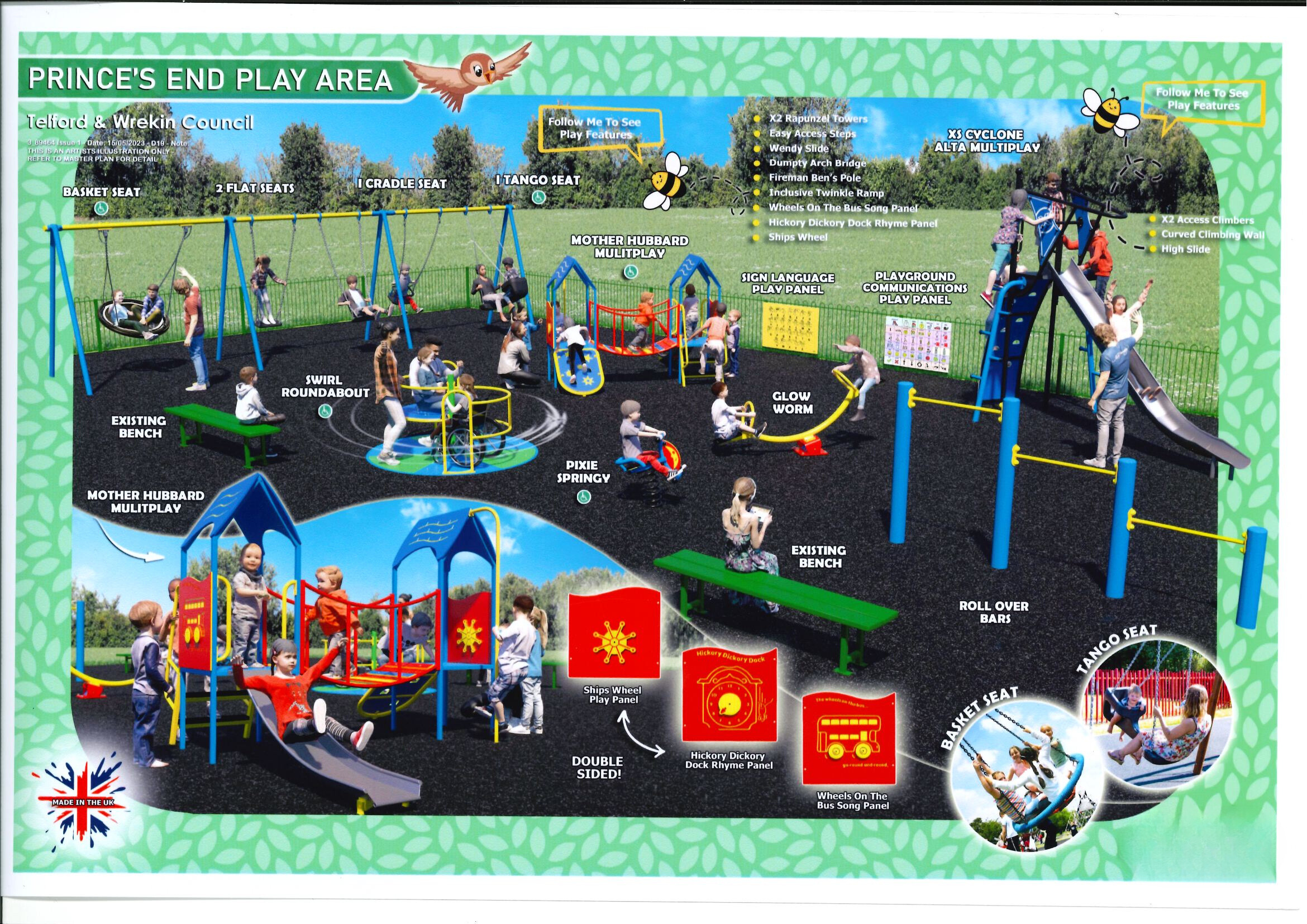 Picture of a children's play area containing slides, swings, other equipment and children