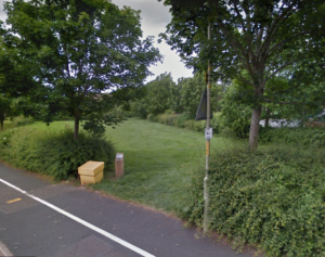 A photo of a grassy clearing with a bike path running past it