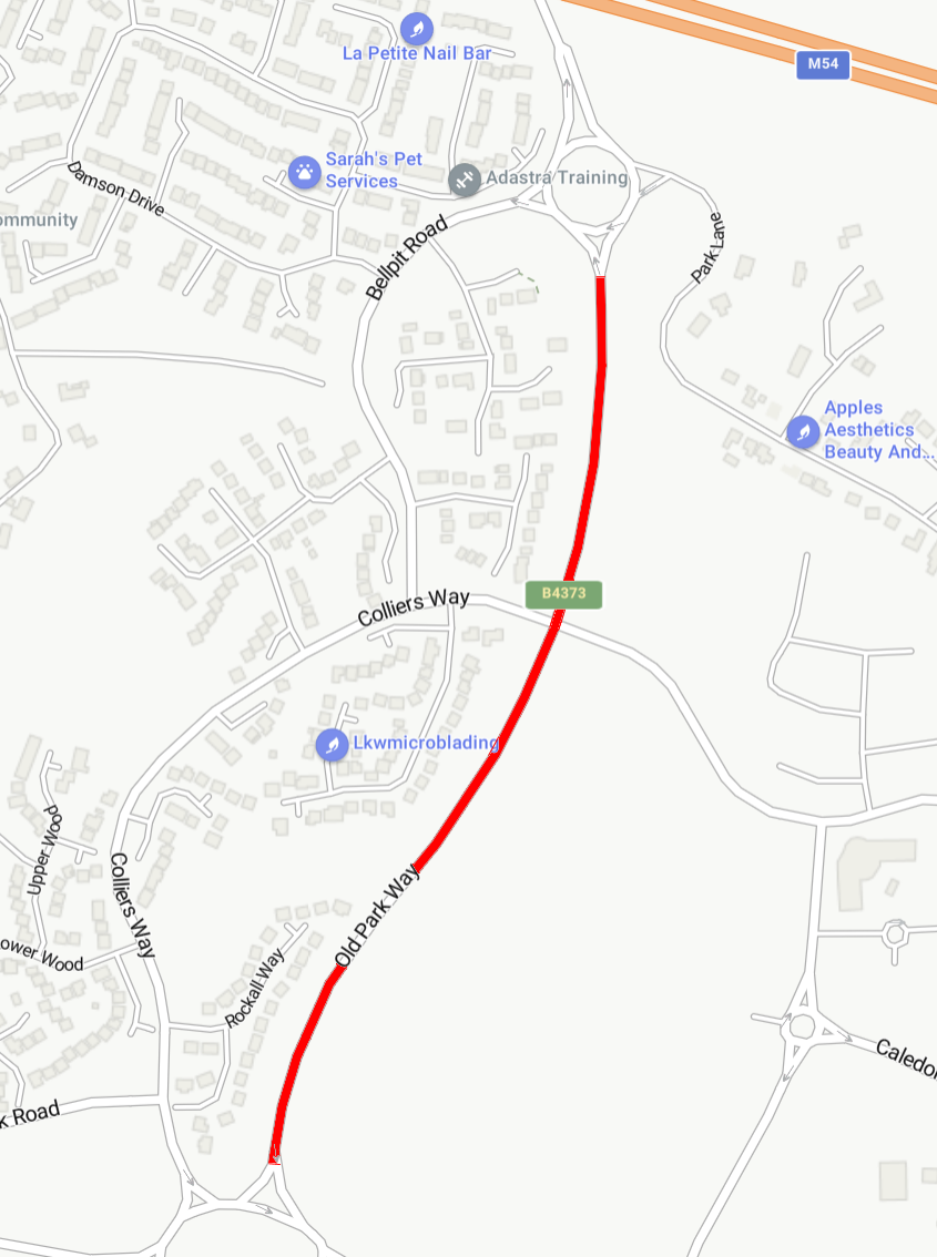 A map highlighting Old Park Way, the road due to be worked on