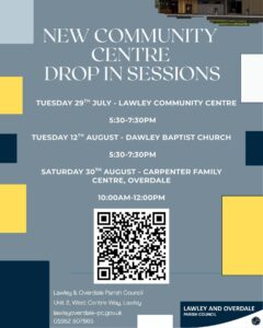 image shows a building and times/dates of the resident drop in sessions with a QR code